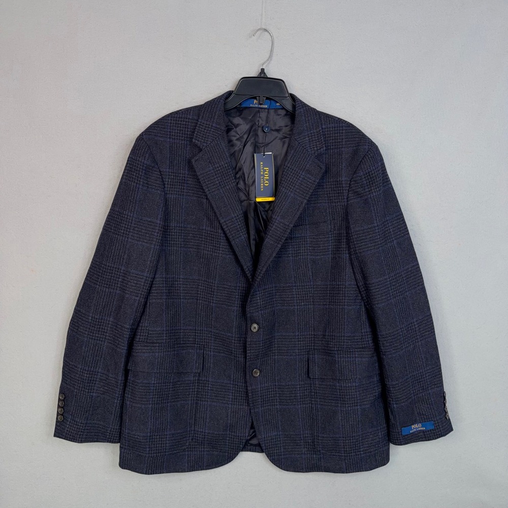 Polo Ralph Lauren Blazer Mens 48R Blue Multi Plaid Wool Blend Modern Fit Preppy